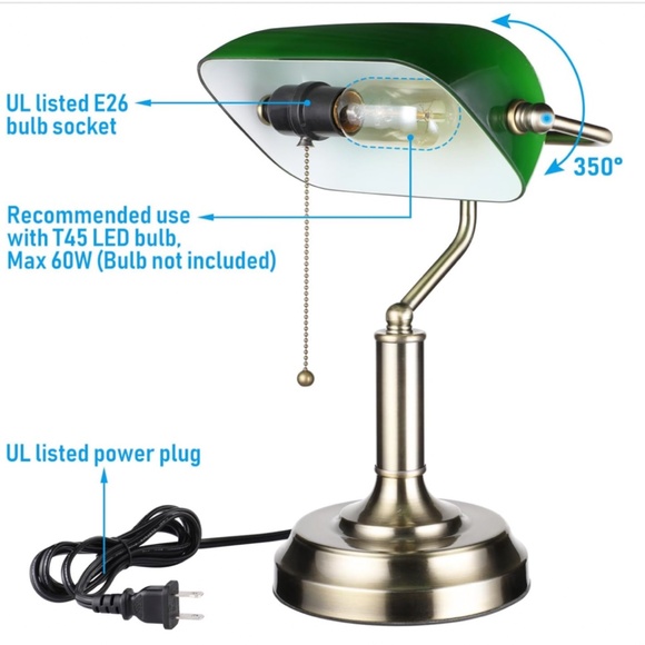 TORCHSTAR Green Glass Bankers Desk Lamp, UL Listed, Antique Desk Lamps with Bras - Picture 3 of 5